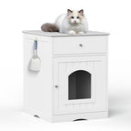 Wooden Pet House Cat Litter Box Enclosure with Drawer, Side Table,